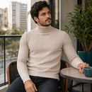 Pulôver Masculino Gola Alta em Malha Trançada - Suéter Casual Quente para Inverno